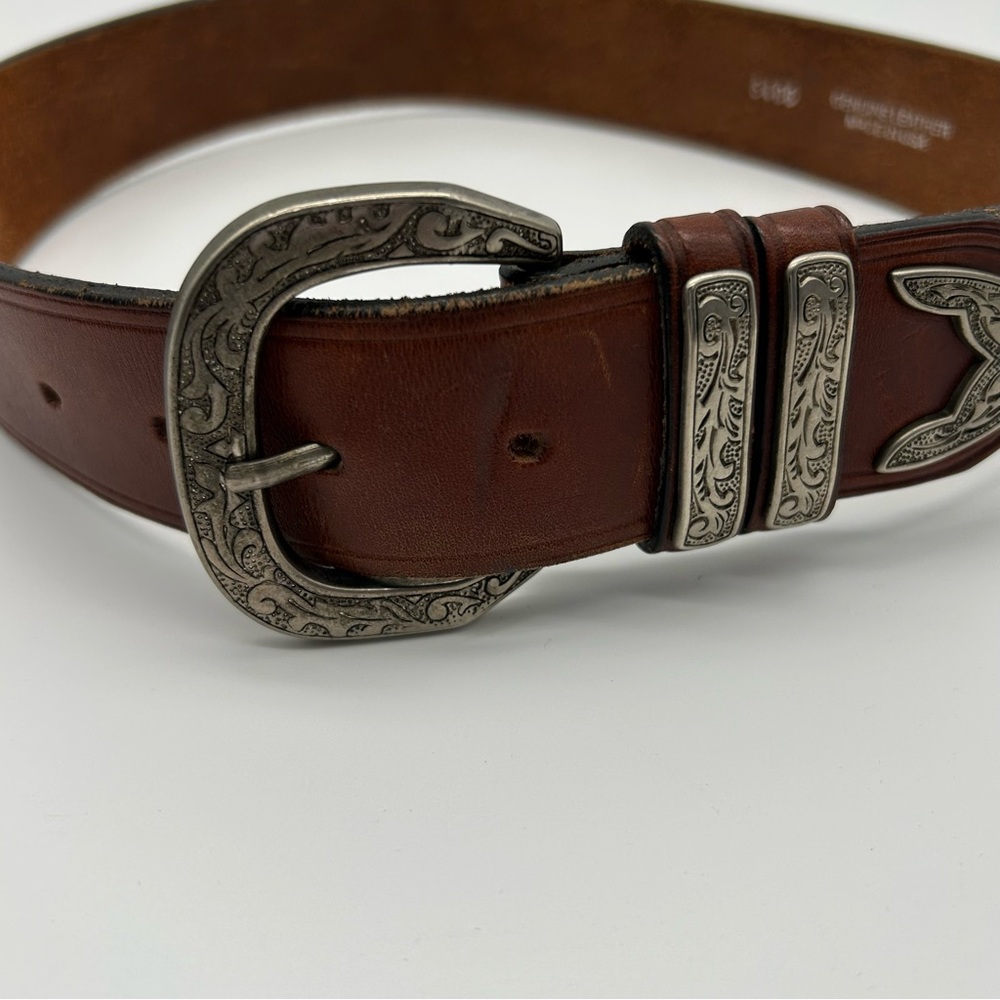 Brown Leather Silver Buckle Western Belt Size  26 - Picture 2 of 7